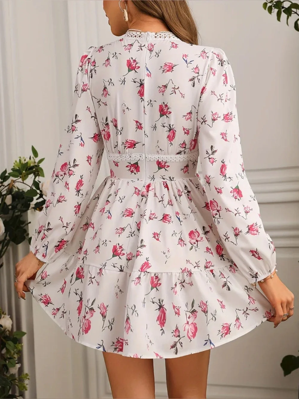 Commense Long Puff Sleeve V Neck Floral Print Short Mini Dress - Picture 3 of 13